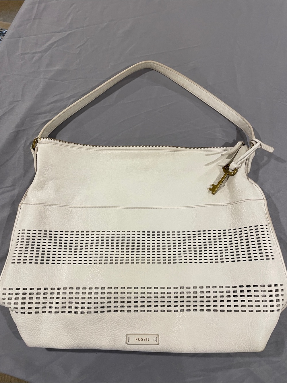 Fossil Cream Perforated Leather Shoulder Bag